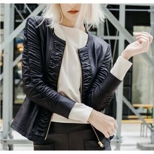Clara Sun Woo Liquid Leather Ruched Black Jacket Women's Size M $189
